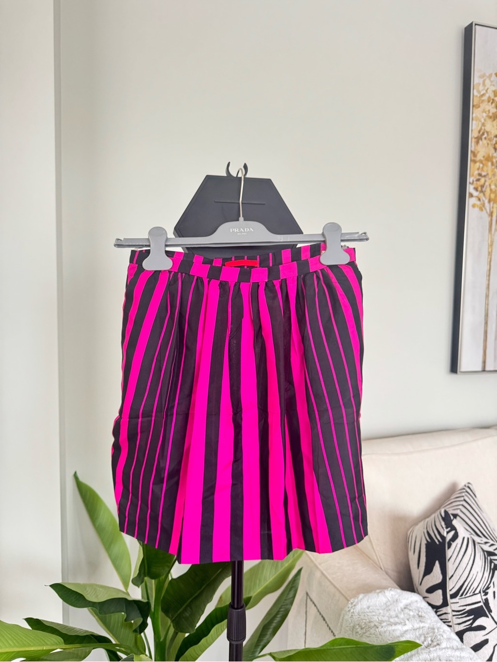 Prada Fuchsia and Black Vertical Stripe Pleated Mini Skirt
